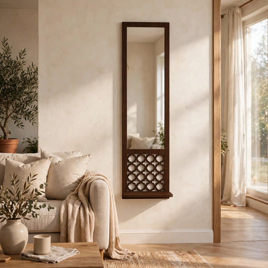 Wooden wall mirror panel with lattice design in living room