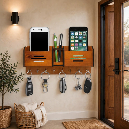 Wooden Wall Mounted Mobile & Key Holder - Phone Stand with Pen Holder and 5 Key Hooks Organizer