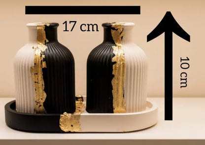 Luxury Black & White Ceramic Vase Set with Gold Accents - Ribbed Decorative Vases with Tray (Set of 2)