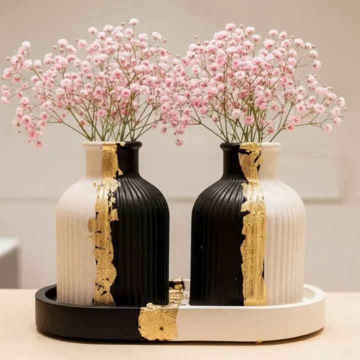Luxury Black & White Ceramic Vase Set with Gold Accents - Ribbed Decorative Vases with Tray (Set of 2)