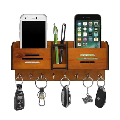 Wooden Wall Mounted Mobile & Key Holder - Phone Stand with Pen Holder and 5 Key Hooks Organizer