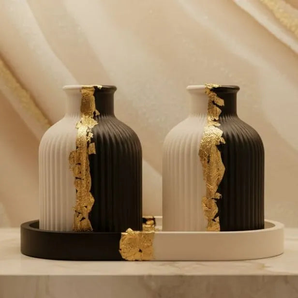 Luxury Black & White Ceramic Vase Set with Gold Accents - Ribbed Decorative Vases with Tray (Set of 2)