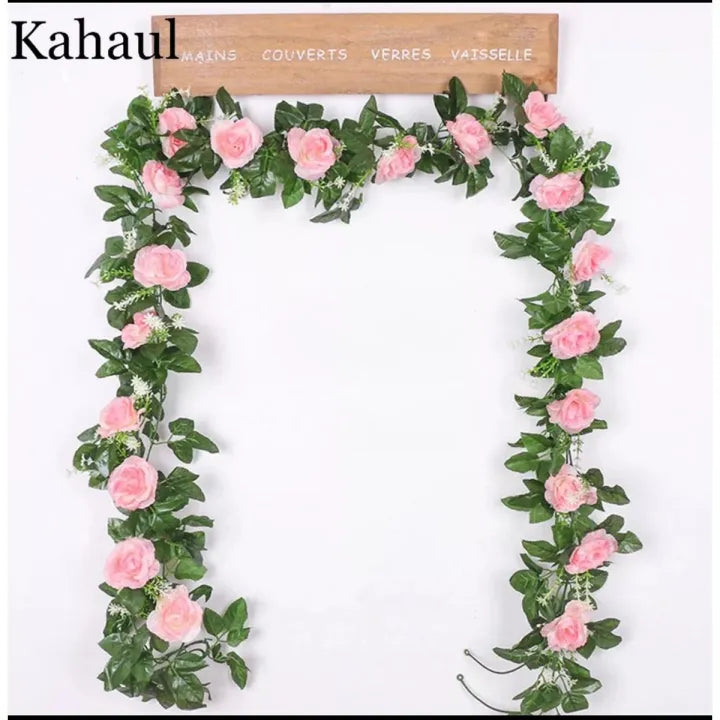 Artificial Pink Rose Garland - Decorative Floral Vine with Green Leaves for Home & Wedding Decor