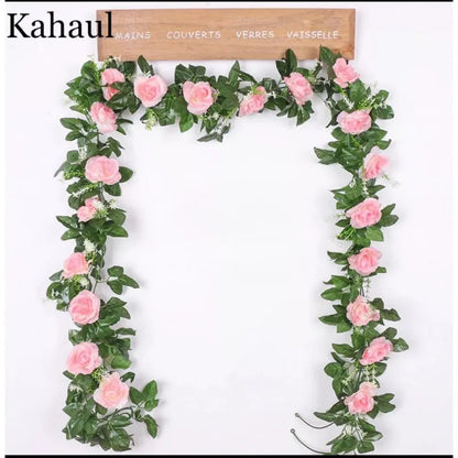 Artificial Pink Rose Garland - Decorative Floral Vine with Green Leaves for Home & Wedding Decor