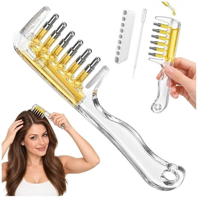 Hair oil applicator comb with golden oil chamber and roller tips
