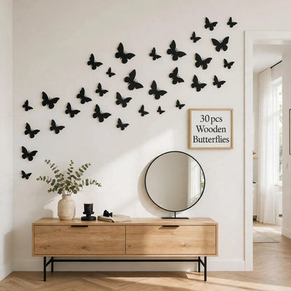 30pcs Wooden Butterfly Wall Decals - 3D Black Butterfly Wall Stickers for Home Decor