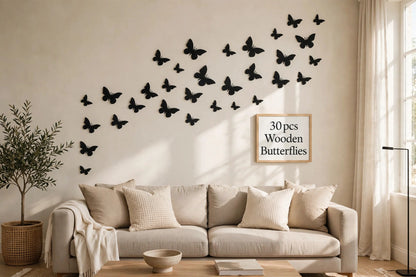 30pcs Wooden Butterfly Wall Decals - 3D Black Butterfly Wall Stickers for Home Decor