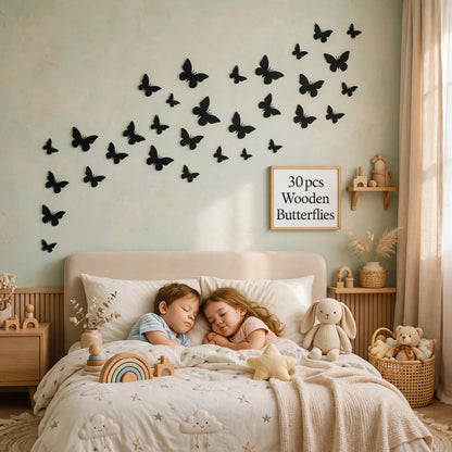 30pcs Wooden Butterfly Wall Decals - 3D Black Butterfly Wall Stickers for Home Decor