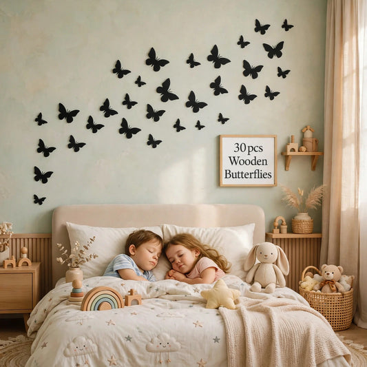 30pcs Wooden Butterfly Wall Decals - 3D Black Butterfly Wall Stickers for Home Decor