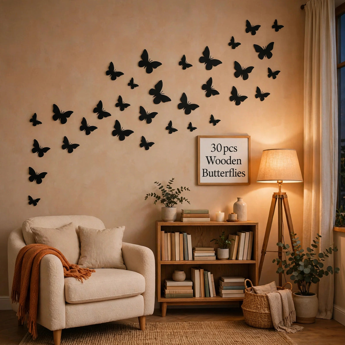 30pcs Wooden Butterfly Wall Decals - 3D Black Butterfly Wall Stickers for Home Decor