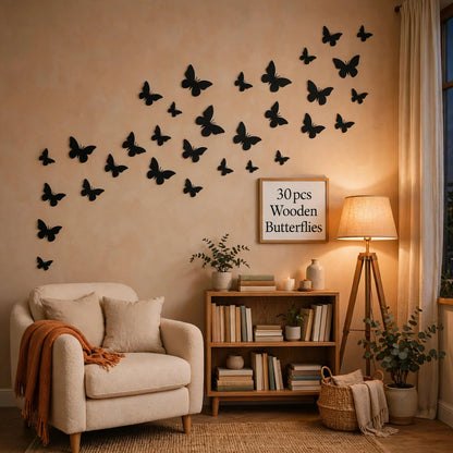 30pcs Wooden Butterfly Wall Decals - 3D Black Butterfly Wall Stickers for Home Decor