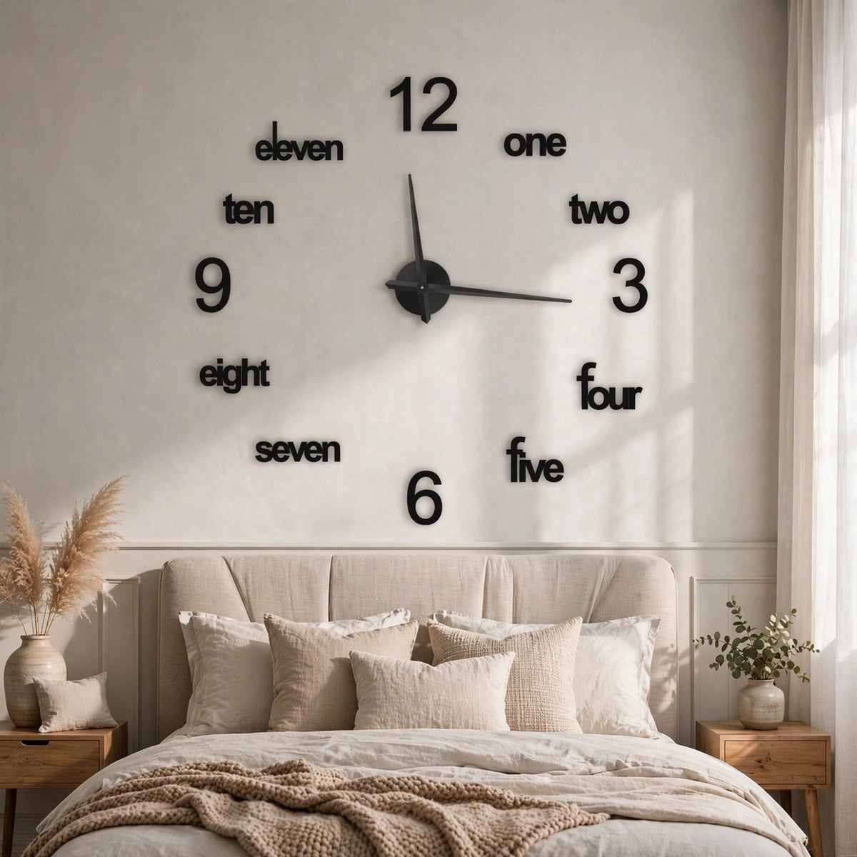 DIY 3D Wall Clock - Large Modern Frameless Clock with Word Numerals, Black