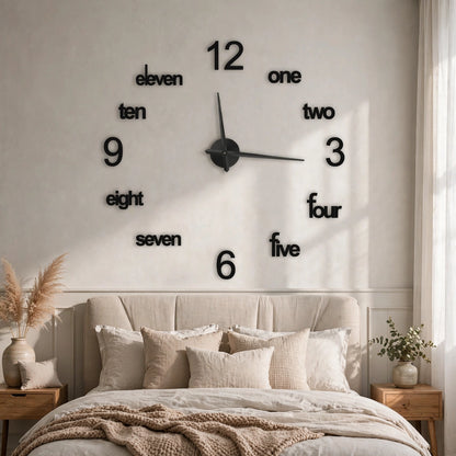 DIY 3D Wall Clock - Large Modern Frameless Clock with Word Numerals, Black