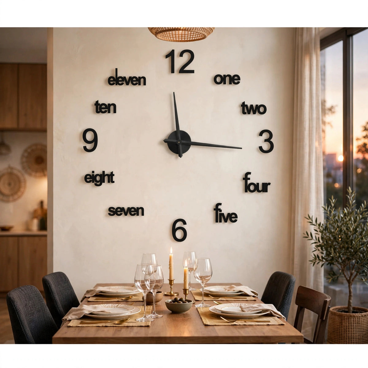 DIY 3D Wall Clock - Large Modern Frameless Clock with Word Numerals, Black