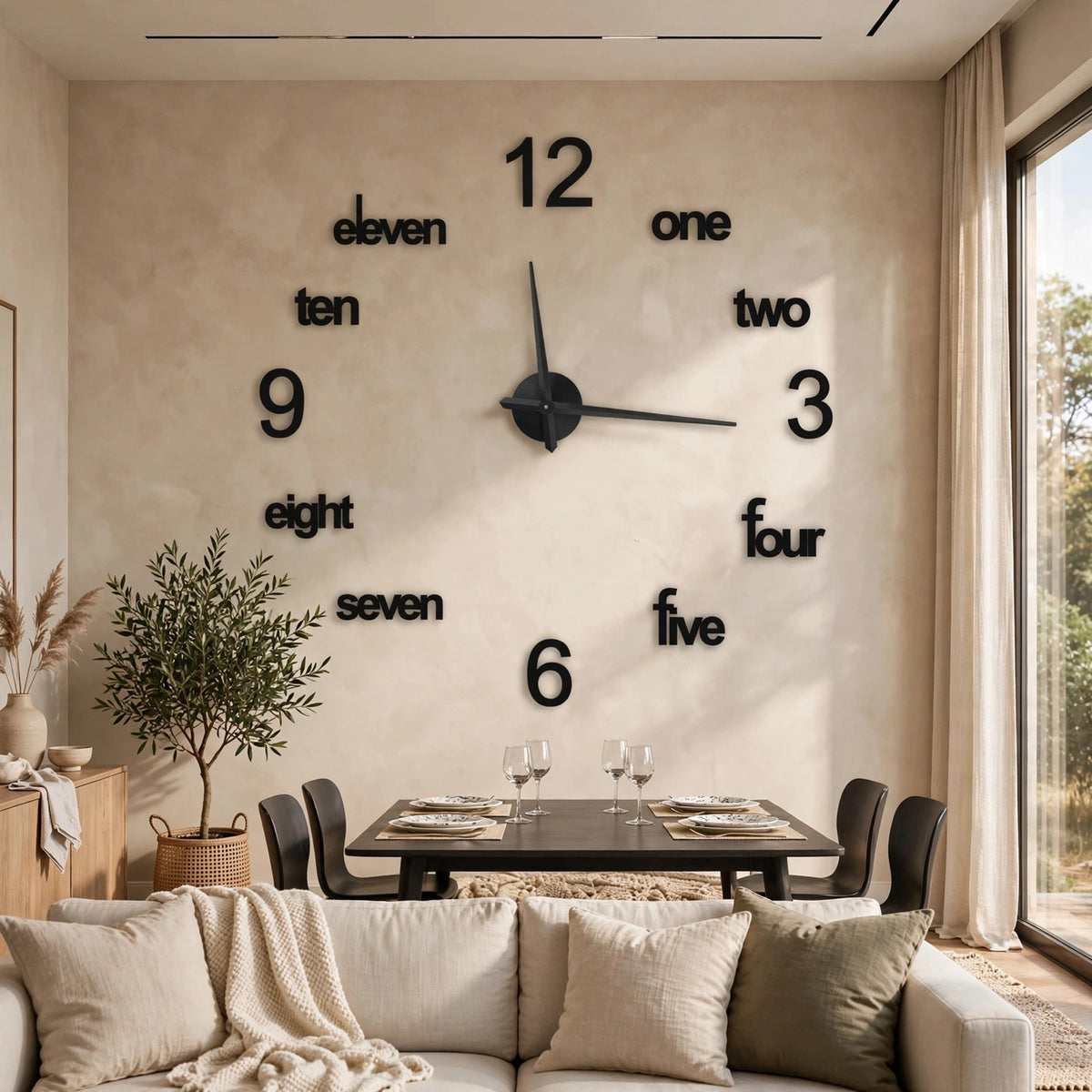 DIY 3D Wall Clock - Large Modern Frameless Clock with Word Numerals, Black