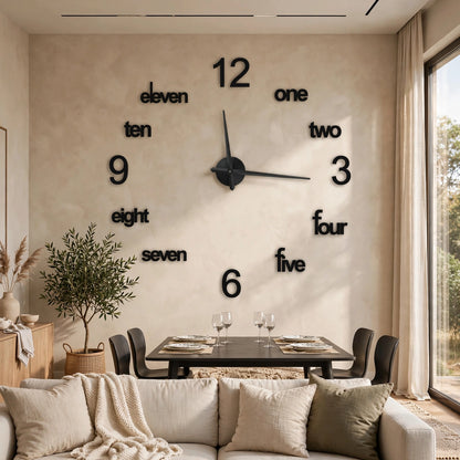 DIY 3D Wall Clock - Large Modern Frameless Clock with Word Numerals, Black