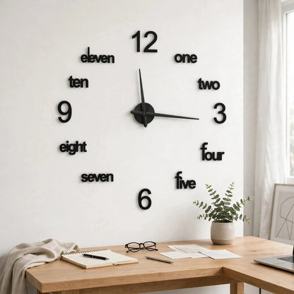 DIY 3D Wall Clock - Large Modern Frameless Clock with Word Numerals, Black