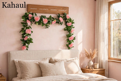 Artificial Pink Rose Garland - Decorative Floral Vine with Green Leaves for Home & Wedding Decor