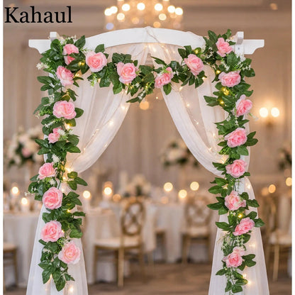 Artificial Pink Rose Garland - Decorative Floral Vine with Green Leaves for Home & Wedding Decor