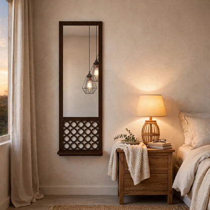 Wooden wall mirror panel with lattice design in bedroom