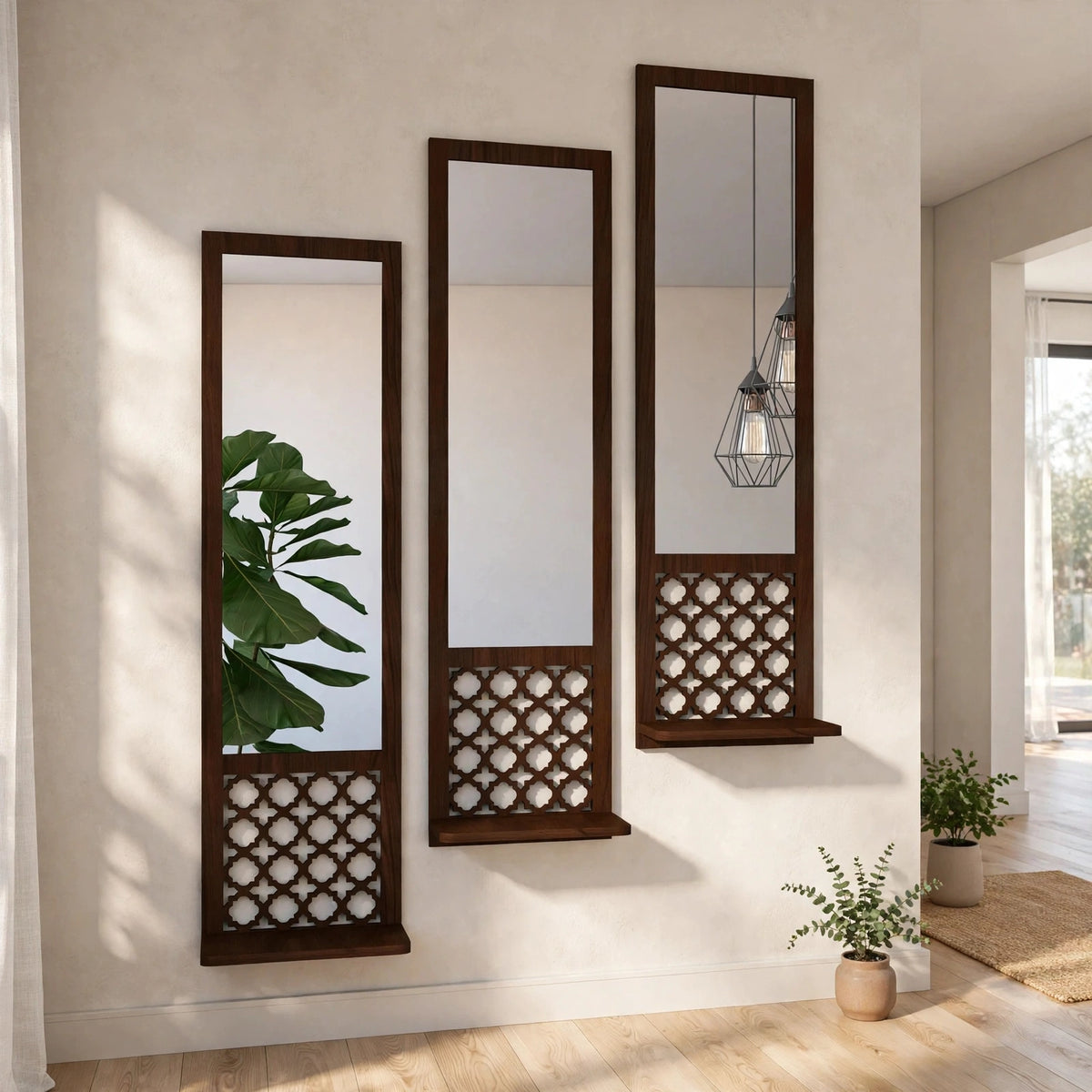 Three wooden wall mirror panels with lattice design in hallway