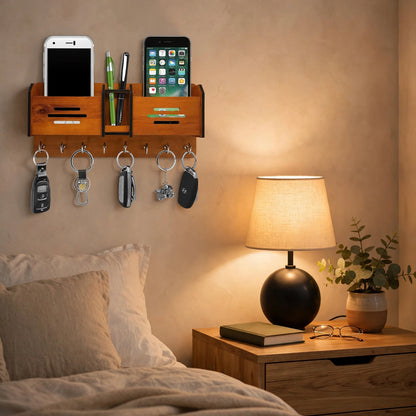 Wooden Wall Mounted Mobile & Key Holder - Phone Stand with Pen Holder and 5 Key Hooks Organizer