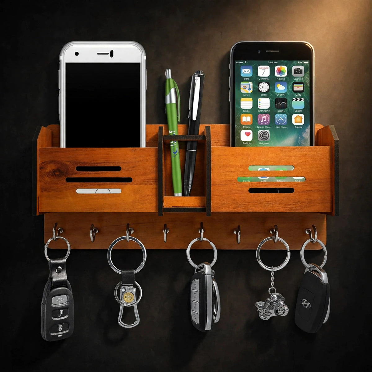 Wooden Wall Mounted Mobile & Key Holder - Phone Stand with Pen Holder and 5 Key Hooks Organizer