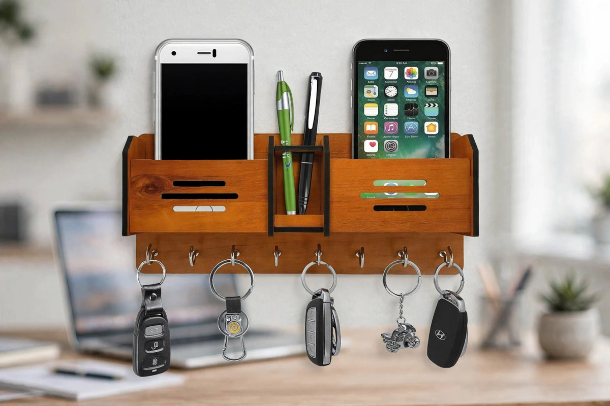 Wooden Wall Mounted Mobile & Key Holder - Phone Stand with Pen Holder and 5 Key Hooks Organizer