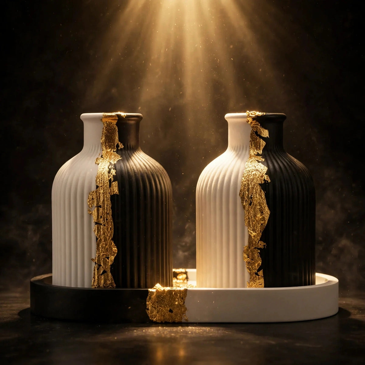 Luxury Black & White Ceramic Vase Set with Gold Accents - Ribbed Decorative Vases with Tray (Set of 2)
