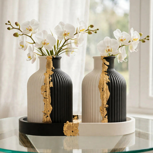 Luxury Black & White Ceramic Vase Set with Gold Accents - Ribbed Decorative Vases with Tray (Set of 2)