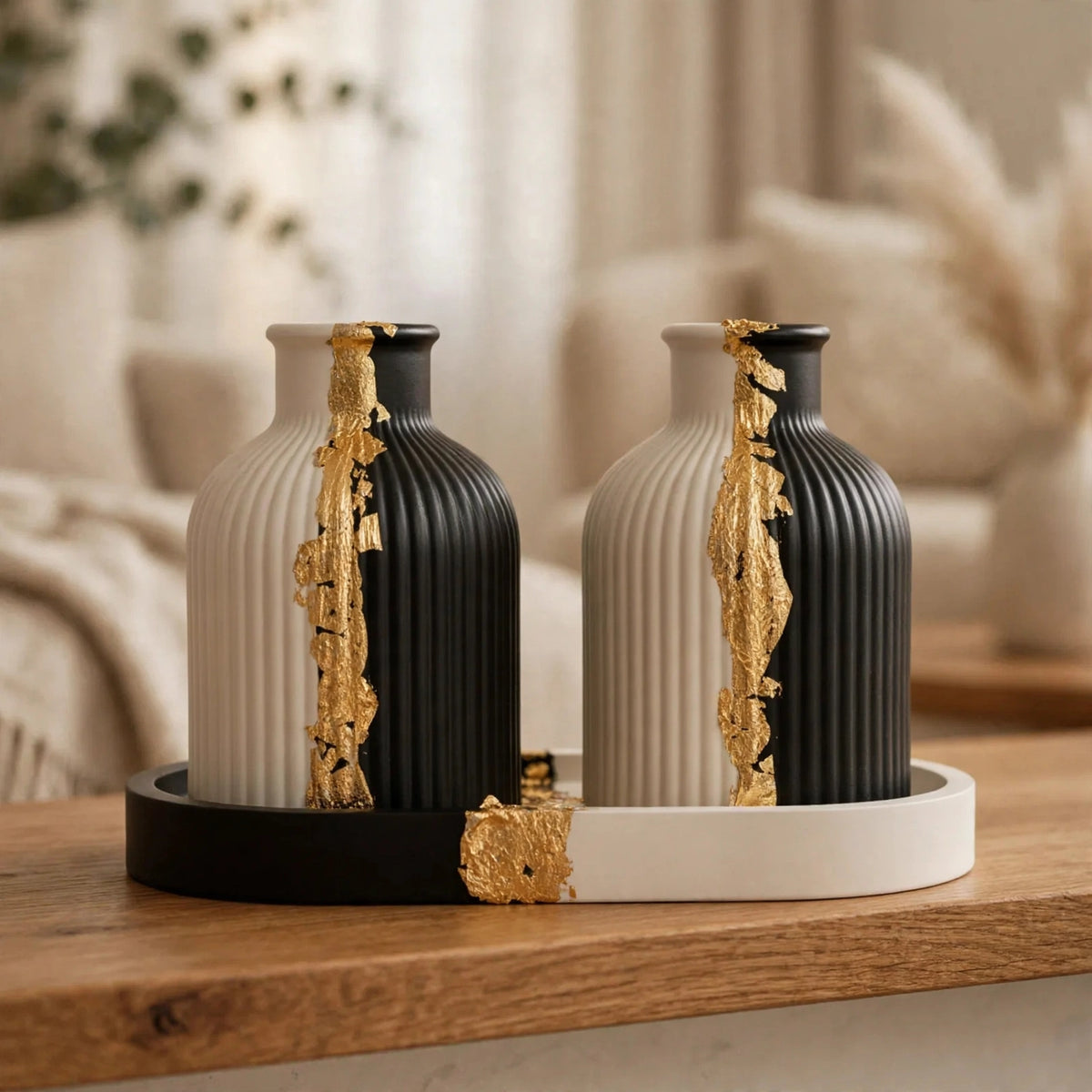 Luxury Black & White Ceramic Vase Set with Gold Accents - Ribbed Decorative Vases with Tray (Set of 2)