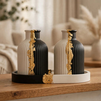 Luxury Black & White Ceramic Vase Set with Gold Accents - Ribbed Decorative Vases with Tray (Set of 2)
