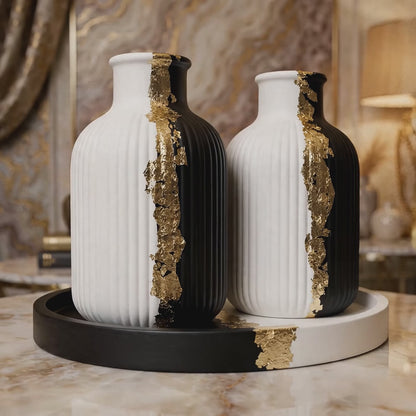 Luxury Black & White Ceramic Vase Set with Gold Accents - Ribbed Decorative Vases with Tray (Set of 2)