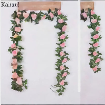 Artificial Pink Rose Garland - Decorative Floral Vine with Green Leaves for Home & Wedding Decor