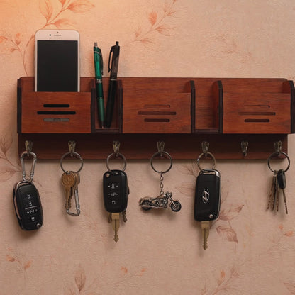 Wooden Wall Mounted Mobile & Key Holder - Phone Stand with Pen Holder and 5 Key Hooks Organizer